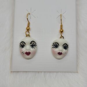 Vintage Fancy Faces Hand Painted Porcelain Mask Dangle Earrings